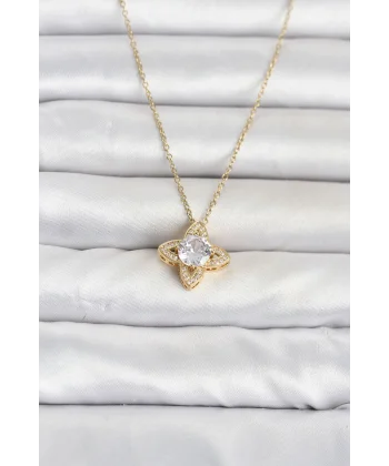 316L Çelik Zincir Gold Renk Yonca Model Kadın Kolye