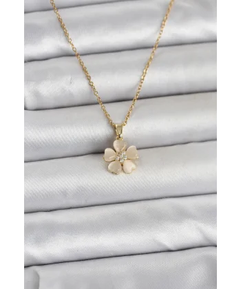 316L Çelik Zincir Gold Renk Yonca Model Kadın Kolye