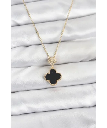 316L Çelik Zincir Gold Renk Yonca Model Zirkon Taşlı Kadın Kolye