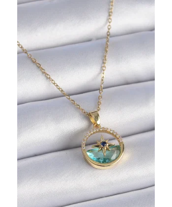 316L Çelik Zincir Gold Renk Zirkon Taşlı Deniz Görünüm Kutup Yıldız Model Kadın Kolye