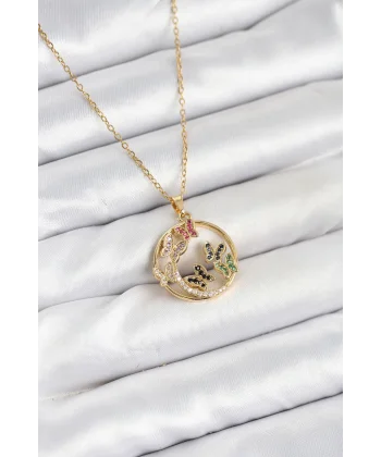 316L Çelik Zincir Gold Renk Zirkon Taşlı Kelebekli Kadın Kolye