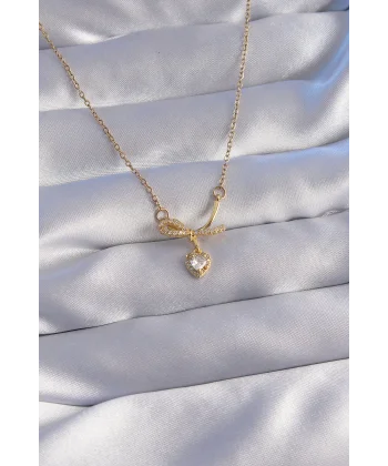 316L Çelik Zincir Gold Renk Zirkon Taşlı Yarım Fiyonk Kalp Kolye