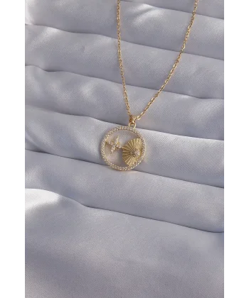 316L Çelik Zincir Gold Renk Zirkon Taşlı Yıldız Figürlü Oval Kolye
