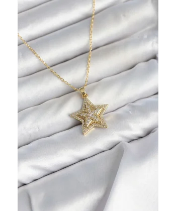 316L Çelik Zincir Gold Renk Zirkon Taşlı Yıldız Model Kadın Kolye
