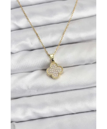 316L Çelik Zincir Gold Renk Zirkon Taşlı Yonca Model Kadın Kolye