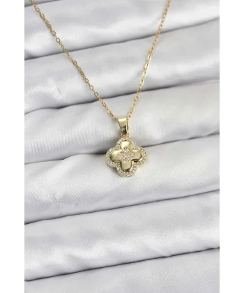 316L Çelik Zincir Gold Renk Zirkon Taşlı Yonca Model Kadın Kolye