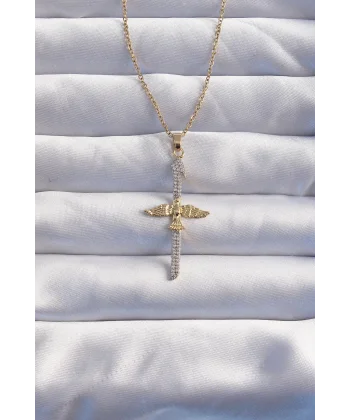 316L Çelik Zincir Gold Renkli Zirkon Taşlı Anka Kuşu Kolye