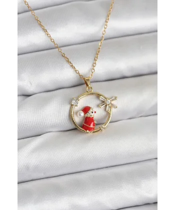 316L Çelik Zincir Gold Zirkon Taşlı Yılbaşı Tema Kadın Kolye