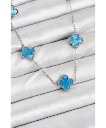 316L Çelik Zincir Gümüş Buz Mavisi Renk Yonca Kadın Kolye