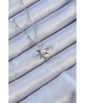 316L Çelik Zincir Gümüş Renk Baget Taşlı İnci Detay Kutup Yıldızı Kolye