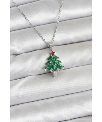316L Çelik Zincir Gümüş Renk Çam Ağacı Model Yılbaşı Temalı Kadın Kolye