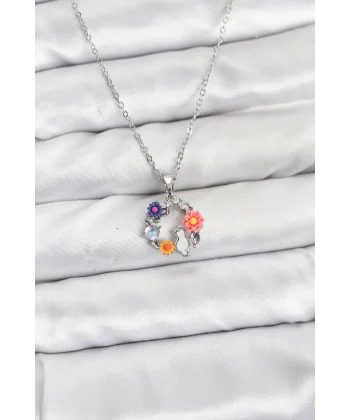 316L Çelik Zincir Gümüş Renk Çiçekli Kedili Model Kadın Kolye