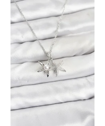 316L Çelik Zincir Gümüş Renk Deniz Yıldızı Model Zirkon Taşlı Kadın Kolye