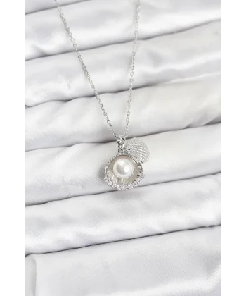 316L Çelik Zincir Gümüş Renk İncili Deniz Kabuğu Model Zirkon Taşlı Kadın Kolye