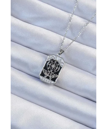 316L Çelik Zincir Gümüş Renk İşlemeli Siyah Mineli Tarot Kolye