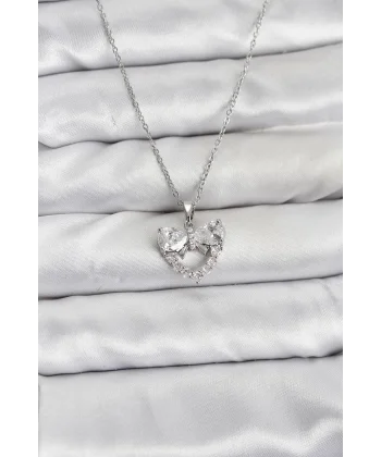 316L Çelik Zincir Gümüş Renk Kalp ve Fiyonk Model Zirkon Taşlı Kadın Kolye