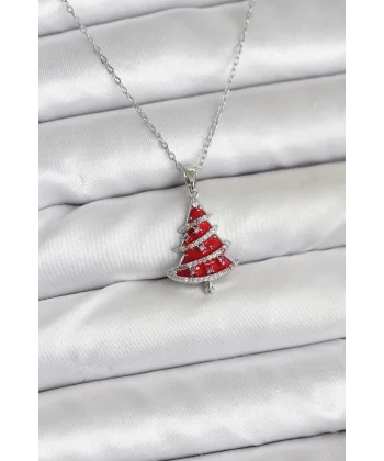 316L Çelik Zincir Gümüş Renk Kırmızı Çam Ağacı Model Yılbaşı Temalı Kadın Kolye