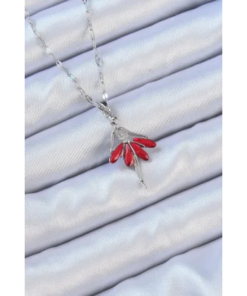 316L Çelik Zincir Gümüş Renk Kırmızı Etekli Zirkon Taşlı Balerin Kolye