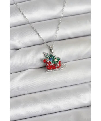 316L Çelik Zincir Gümüş Renk Kızak ve Çam Ağacı Figürlü Yılbaşı Temalı Kadın Kolye