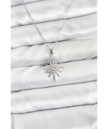 316L Çelik Zincir Gümüş Renk Kutup Yıldızı Model Zirkon Taşlı Kadın Kolye