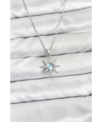 316L Çelik Zincir Gümüş Renk Kutup Yıldızı Model Zirkon Taşlı Kadın Kolye