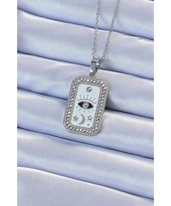 316L Çelik Zincir Gümüş Renk Mineli Zirkon Taşlı Göz Figür Tarot Kolye