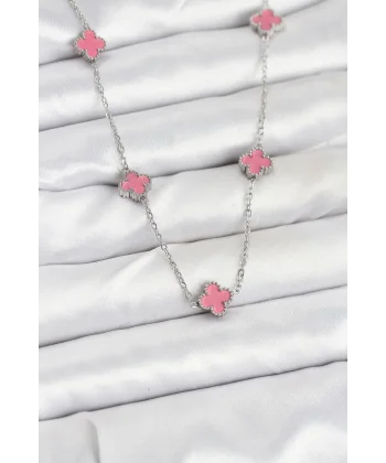 316L Çelik Zincir Gümüş Renk Pembe Baby Boy Yonca Kadın Kolye