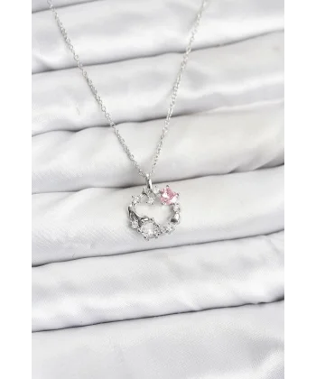316L Çelik Zincir Gümüş Renk Pembe Taş Detaylı Çelenk Model Kadın Kolye