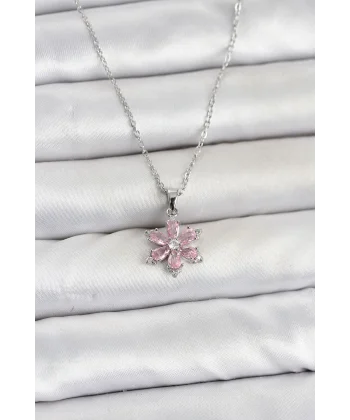 316L Çelik Zincir Gümüş Renk Pembe Zirkon Taşlı Lotus Model Kadın Kolye