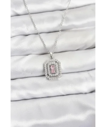 316L Çelik Zincir Gümüş Renk Plaka Model Zirkon Taşlı Kadın Kolye