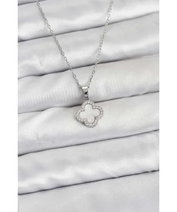 316L Çelik Zincir Gümüş Renk Sedefli Yonca Kadın Kolye