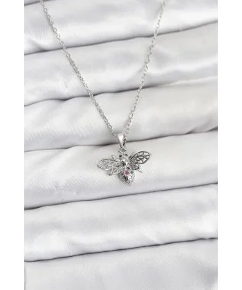 316L Çelik Zincir Gümüş Renk Sinek Model Zirkon Taşlı Kadın Kolye