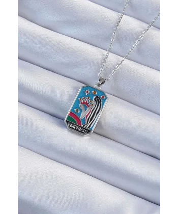 316L Çelik Zincir Gümüş Renk Taç ve Kız Figürlü Renkli Mineli Tarot Kolye