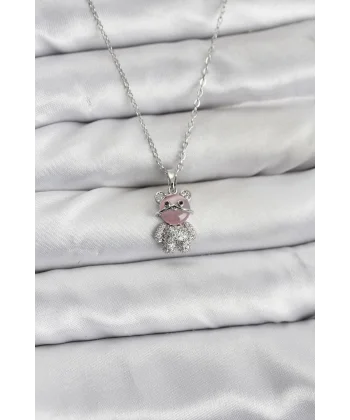 316L Çelik Zincir Gümüş Renk Teddy Bear Model Zirkon Taşlı Kadın Kolye