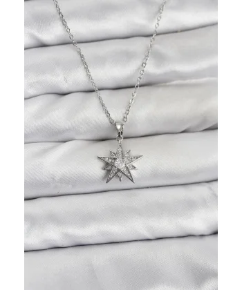 316L Çelik Zincir Gümüş Renk Yıldız Model Zirkon Taşlı Kadın Kolye