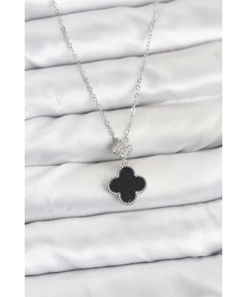 316L Çelik Zincir Gümüş Renk Yonca Model Zirkon Taşlı Kadın Kolye