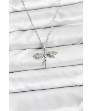 316L Çelik Zincir Gümüş Renk Yusufçuk Model Zirkon Taşlı Kadın Kolye