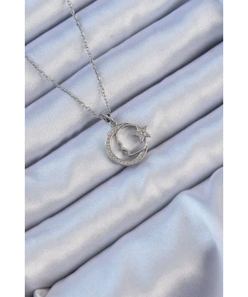 316L Çelik Zincir Gümüş Renk Zirkon Taşlı Ay Yıldız Simgeli Atatürk Kolye