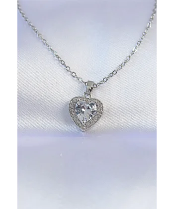 316L Çelik Zincir Gümüş Renk Zirkon Taşlı Charm Kalp Kolye
