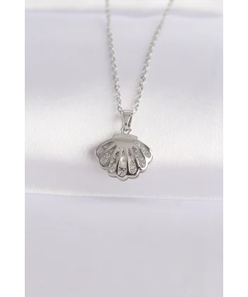 316L Çelik Zincir Gümüş Renk Zirkon Taşlı İnci Detay İstiridye Kolye