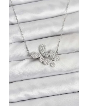 316L Çelik Zincir Gümüş Renk Zirkon Taşlı Kelebek Model Kadın Kolye