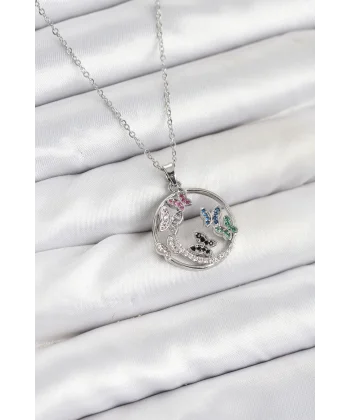 316L Çelik Zincir Gümüş Renk Zirkon Taşlı Kelebekli Kadın Kolye