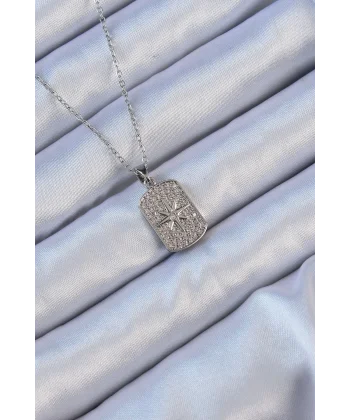 316L Çelik Zincir Gümüş Renk Zirkon Taşlı Kutup Yıldızlı Vintage Kolye