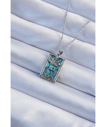 316L Çelik Zincir Gümüş Renk Zirkon Taşlı Mavi Mermer Desenli Taç Model Tarot Kolye