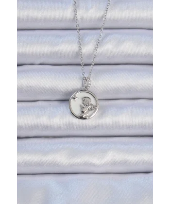 316L Çelik Zincir Gümüş Renk Zirkon Taşlı Mineli Melek Kolye