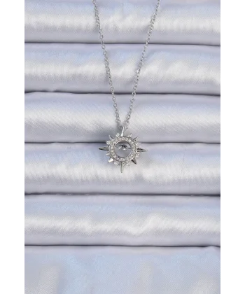 316L Çelik Zincir Gümüş Renk Zirkon Taşlı Parlayan Yıldız Kolye