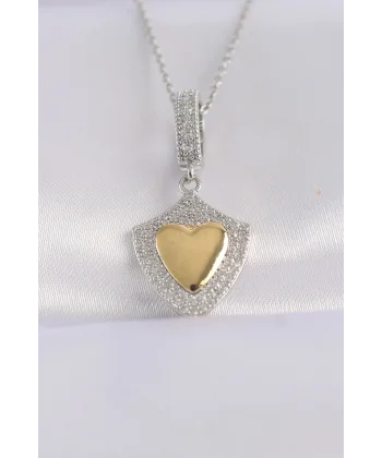 316L Çelik Zincir Gümüş Renk Zirkon Taşlı Tasarım Altın Renk Kalp Kolye