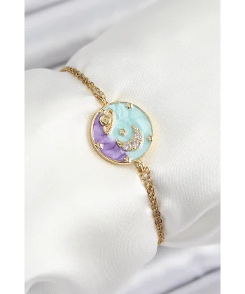 316L Çelik Zincir Mineli Sanatsal Portre Zirkon Taşlı Gezegen Model Gold Renk Kadın Bileklik