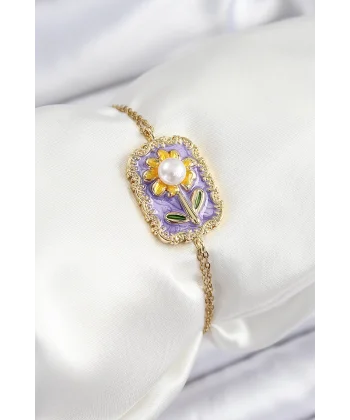 316L Çelik Zincir Mor Mineli Sanatsal Portre İnci Detaylı Papatya Model Gold Renk Kadın Bileklik