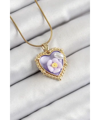 316L Çelik Zincir Mor Sanatsal Portre İnci Detaylı Papatya Figürlü Kalp Model Gold Renk Kadın Kolye